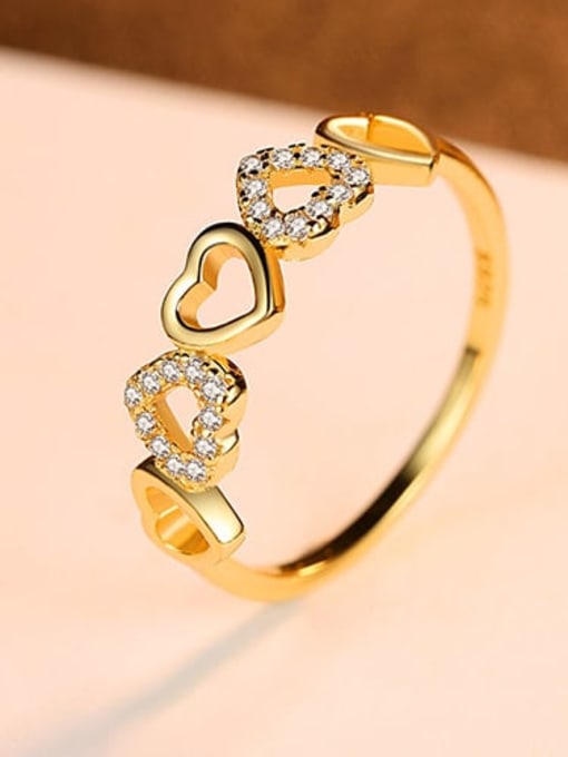 gold 925 Sterling Silver Rhinestone White Heart Minimalist Band Ring