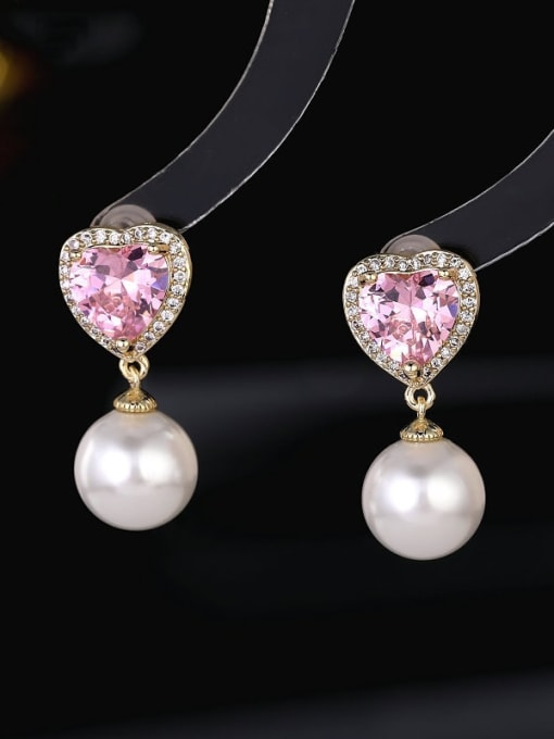 Pink Brass Glass Stone Heart Luxury Earring