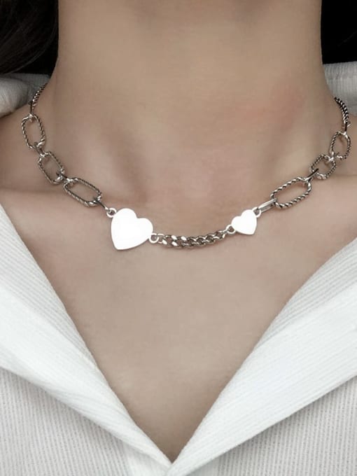 SHUI Vintage Sterling Silver With Antique Silver Plated Simplistic Smooth Heart Necklaces 1