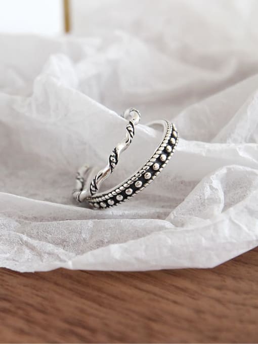 DAKA S925 Sterling Silver Vintage Round Bead Twist Wave Free Size Ring 1
