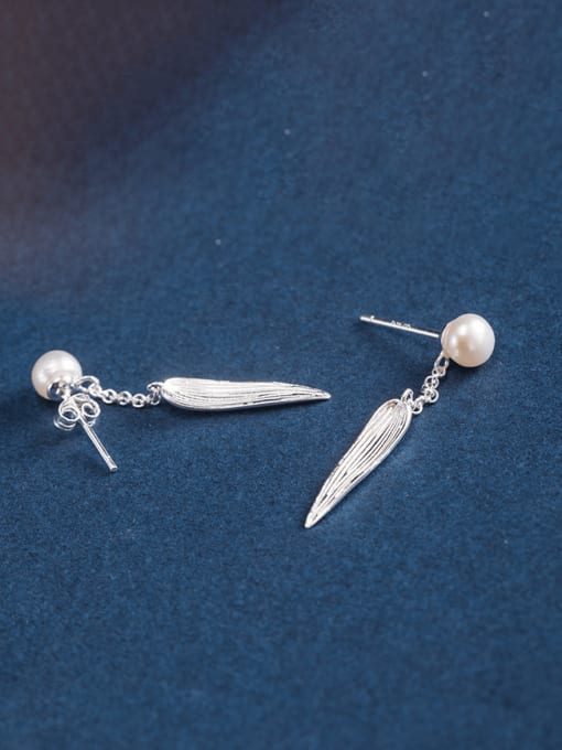 SILVER MI 925 Sterling Silver Imitation Pearl Leaf Vintage Drop Earring 2