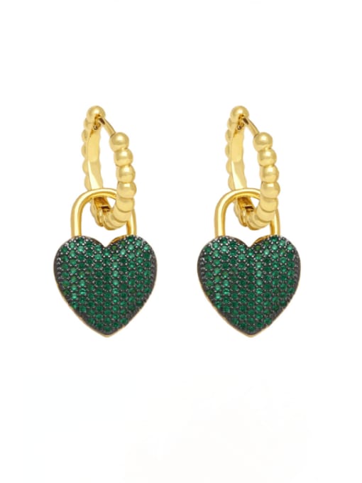green Brass Cubic Zirconia Heart Minimalist Huggie Earring