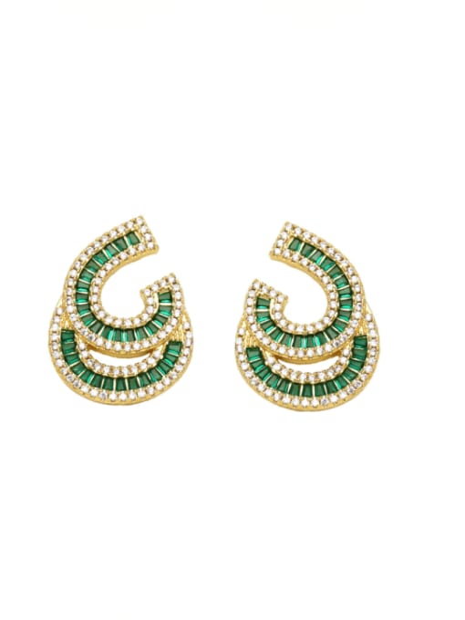 green Brass Cubic Zirconia Geometric Luxury Double Layer C Shape  Stud Earring
