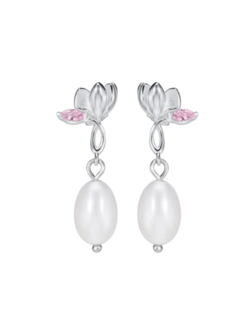 SILVER MI 925 Sterling Silver Imitation Pearl Flower Vintage Drop Earring 1