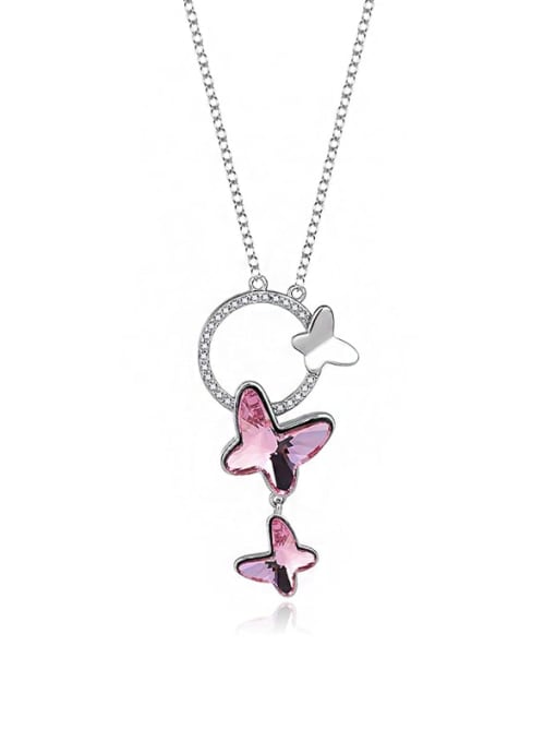 JYXZ 056 (pink) 925 Sterling Silver Austrian Crystal Butterfly Classic Necklace