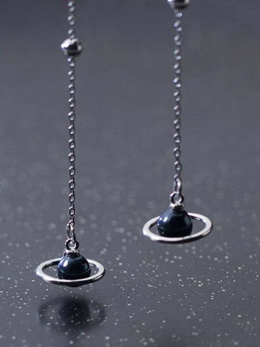Rosh 925 Sterling Silver Imitation Pearl Black Tassel Minimalist Threader Earring 0