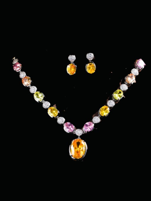 Color chain Brass Cubic Zirconia Luxury Geometric Earring and Necklace Set
