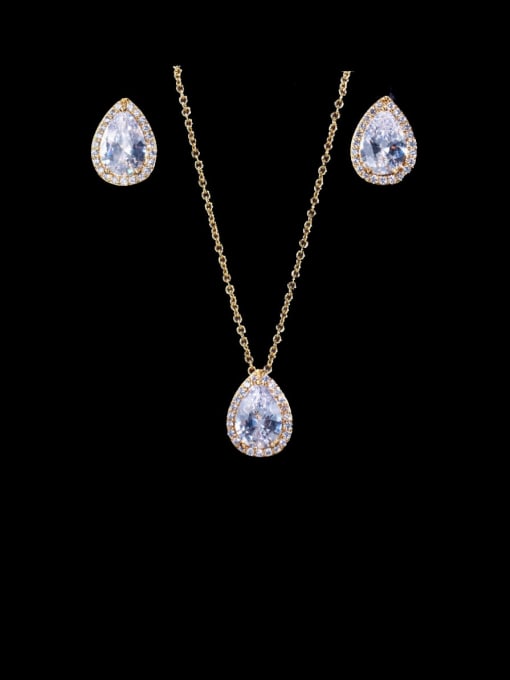 gold Brass Cubic Zirconia Luxury Water Drop  Earring and Necklace Set