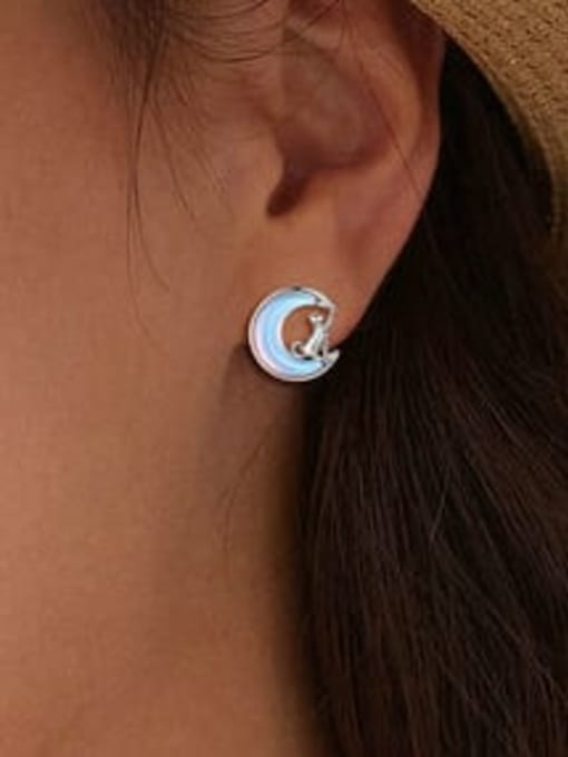 Jare 925 Sterling Silver Glass Stone Moon Cute Stud Earring 1