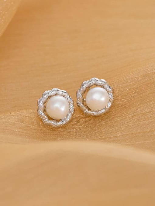 ES2034 【 Platinum 】 925 Sterling Silver Imitation Pearl Geometric Minimalist Stud Earring