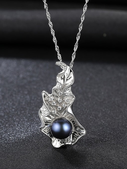 Black 7I01 925 Sterling Silver Freshwater Pearl Irregular Zircon Pendant  Necklace