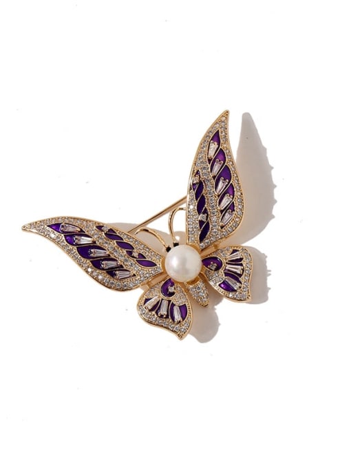 Golden Purple Diamond Copper Cubic Zirconia Multi Color Enamel Butterfly Luxury Brooches