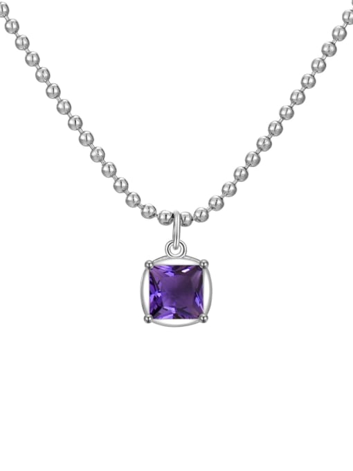 Purple February 925 Sterling Silver Cubic Zirconia Geometric Minimalist Bead Chain Necklace