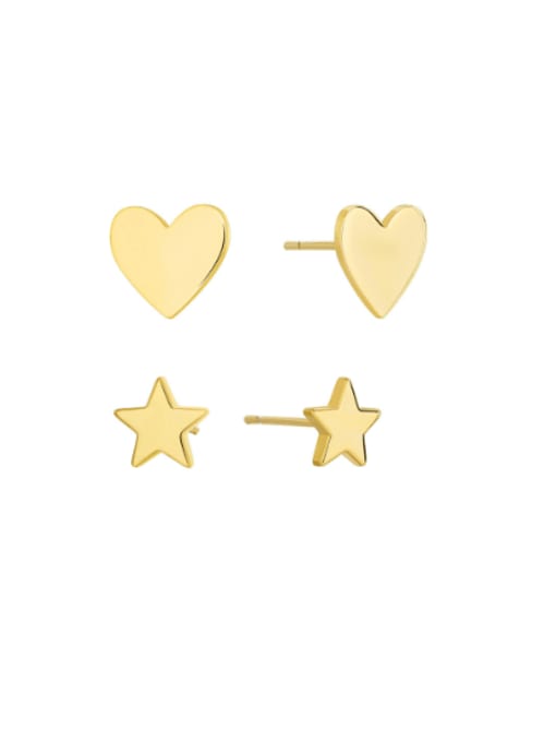 Gold Heart Star Set Earrings Brass Smooth  Heart Minimalist Stud Earring