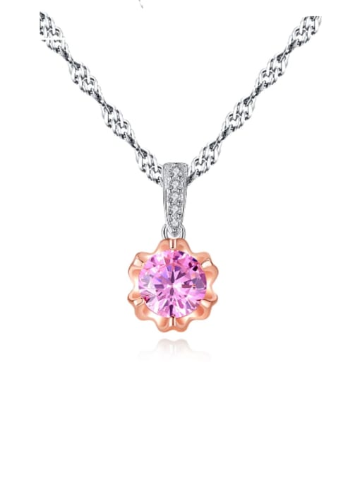 Powder drill 15H02 925 sterling silver simple Pink Cubic Zirconia Flower Pendant Necklace
