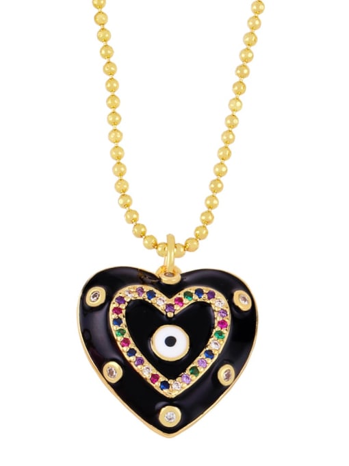 black Brass Enamel Evil Eye Vintage Heart  Pendant Necklace