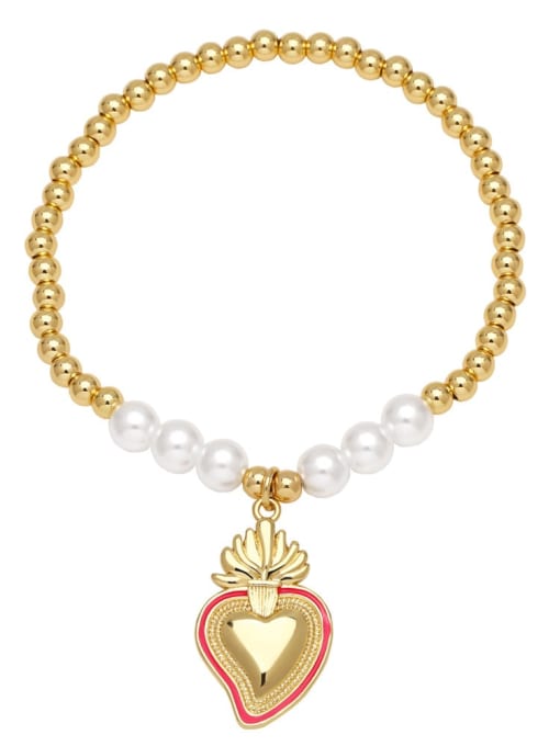 Rose red Brass Enamel Heart Vintage Handmade Beaded Bracelet