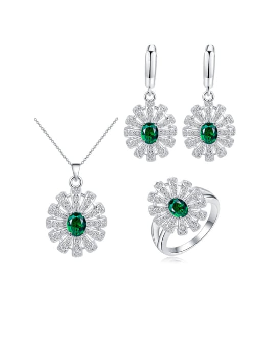 Green Ring Size 6 Brass Cubic Zirconia Luxury Flower  Earring Ring and Necklace Set