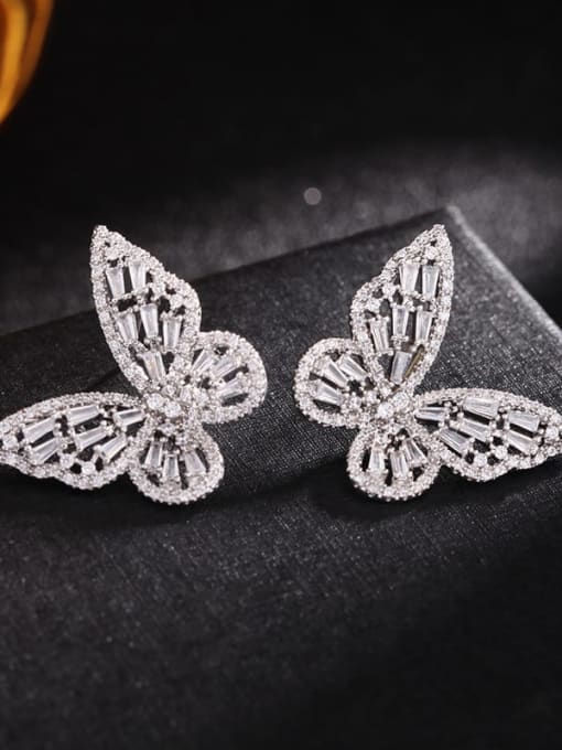 Platinum White Brass Cubic Zirconia Butterfly Statement Stud Earring