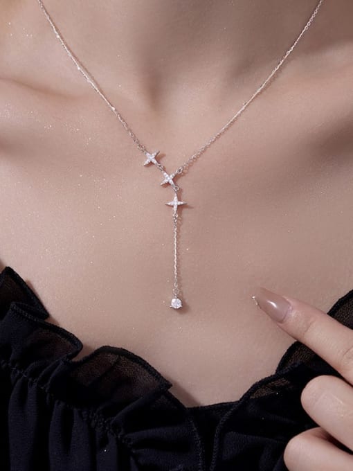 BeiFei Minimalism Silver 925 Sterling Silver Cubic Zirconia Tassel Dainty Lariat Necklace 1
