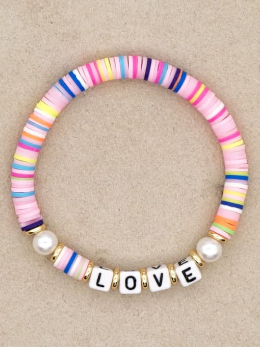 QT B200144C Stainless steel Freshwater Pearl Multi Color Polymer Clay Letter Bohemia Stretch Bracelet