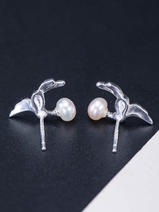SILVER MI 925 Sterling Silver Imitation Pearl  Vintage Hummingbird Stud Earring 1