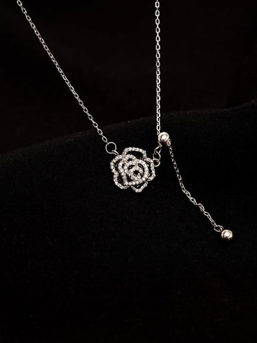 NS808 【 Platinum 】 925 Sterling Silver Cubic Zirconia Flower Minimalist Lariat Necklace