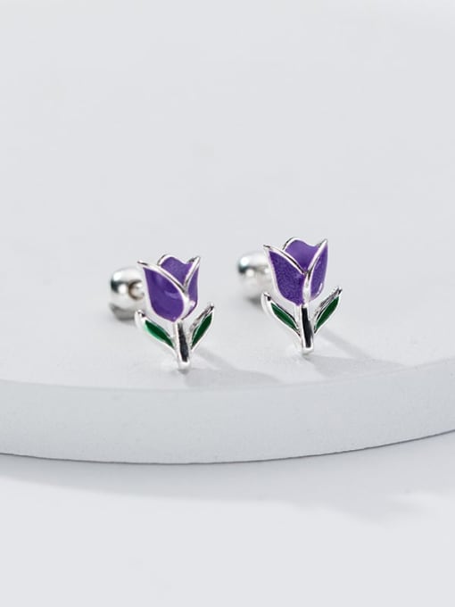 Purple 925 Sterling Silver Enamel Flower Cute Stud Earring