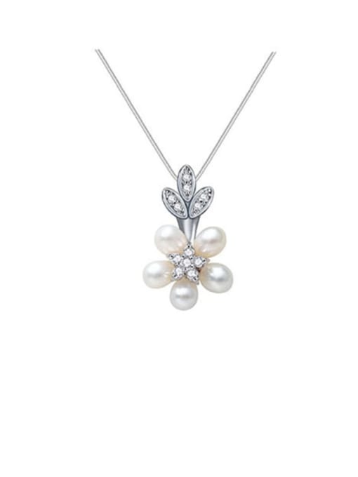 platinum Copper Cubic Zirconia Dainty Pearl flowers  Necklace