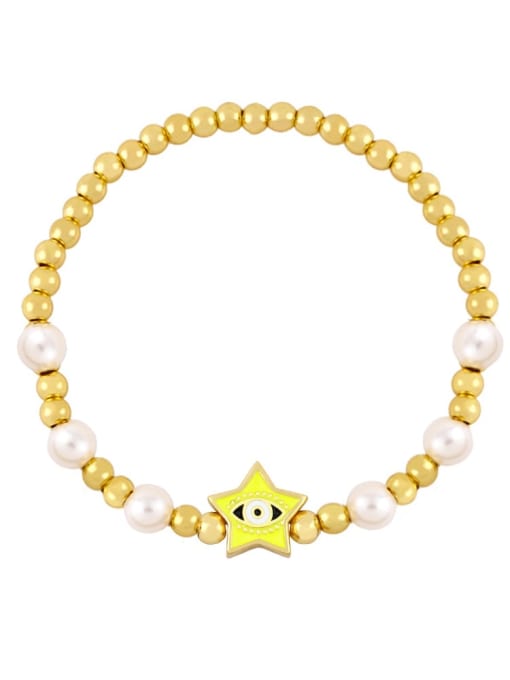 yellow Brass Imitation Pearl Enamel Evil Eye Vintage Beaded Bracelet
