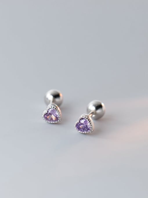 purple 925 Sterling Silver Cubic Zirconia Heart Cute Stud Earring