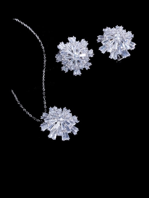 Platinum chain Brass Cubic Zirconia Luxury Flower Earring and Necklace Set