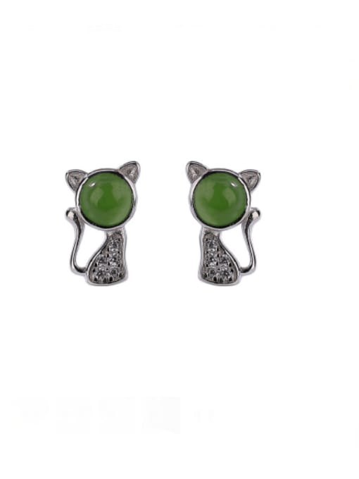 DEER 925 Sterling Silver Jade Cat Vintage Stud Earring 0