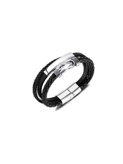 PH1575 Leather Bracelet Titanium Steel Artificial Leather Weave Hip Hop Strand Bracelet