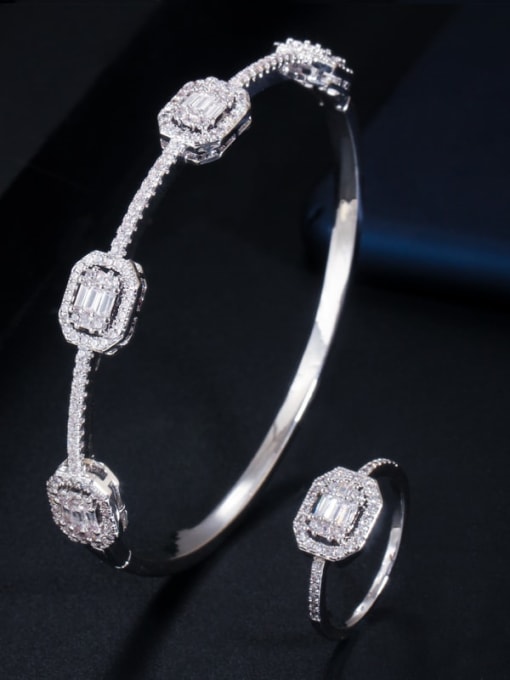 Bracelet size 7 ring (Platinum) Copper Cubic Zirconia Luxury Geometric Ring and Bangle Set
