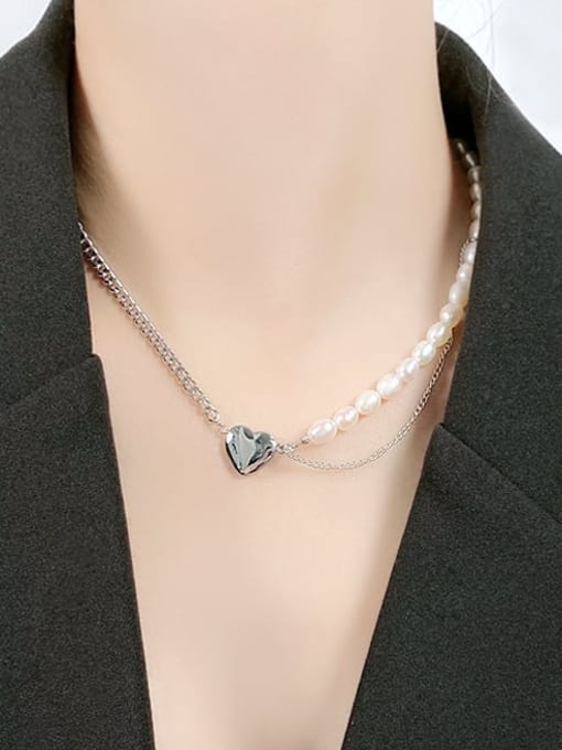 Open Sky Titanium Steel Imitation Pearl Heart Minimalist Multi Strand Necklace 1