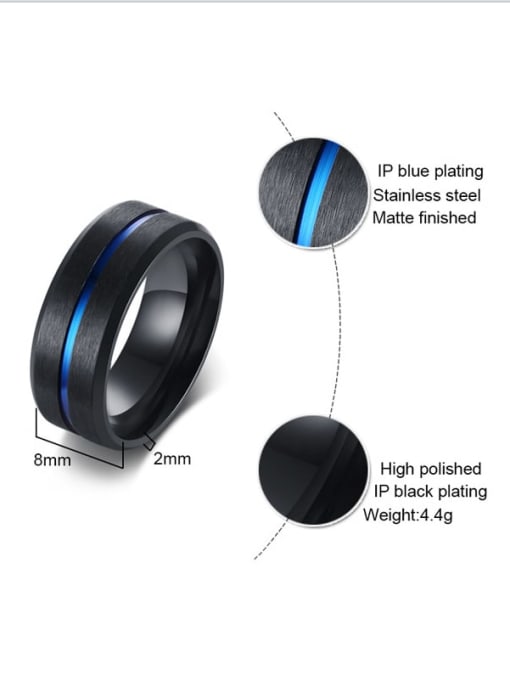 Medium blue, face width 8MM Stainless steel Geometric Hip Hop Band Ring