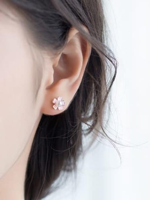 Rosh 925 sterling silver imitation pearl  enamel flower cute stud earring 1