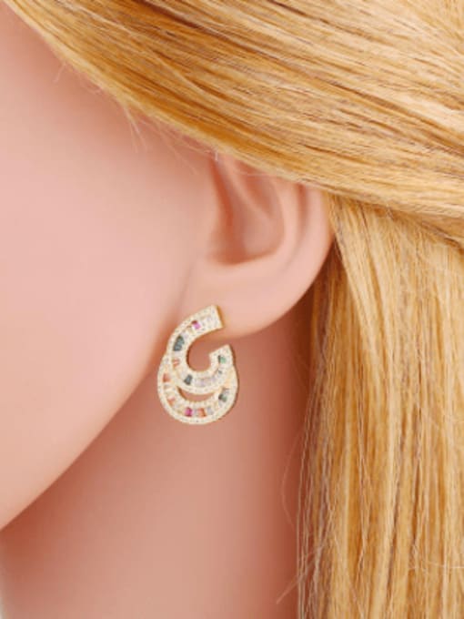 CC Brass Cubic Zirconia Geometric Luxury Double Layer C Shape  Stud Earring 1