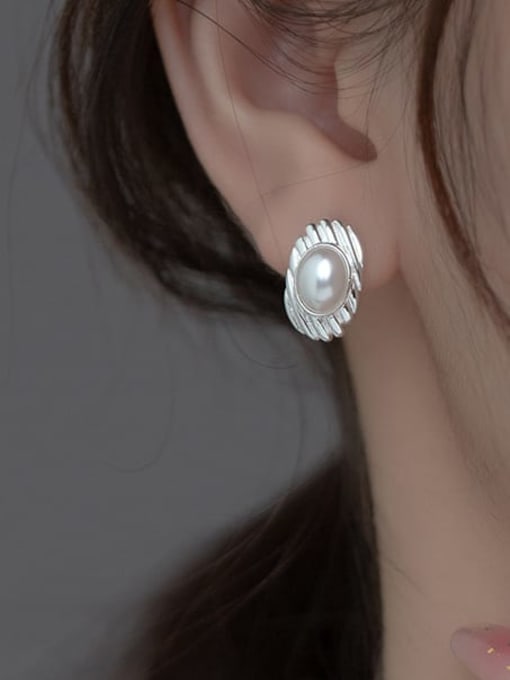 Rosh 925 Sterling Silver Imitation Pearl Geometric Vintage Stud Earring 1