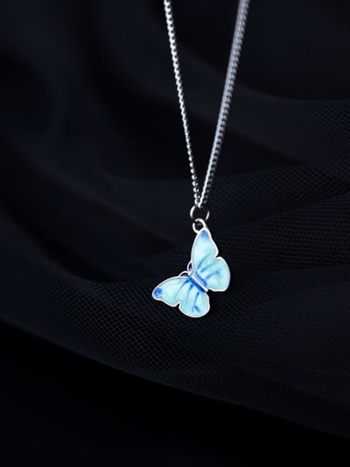 sliver+blue 925 Sterling Silver Enamel Butterfly Minimalist Necklace