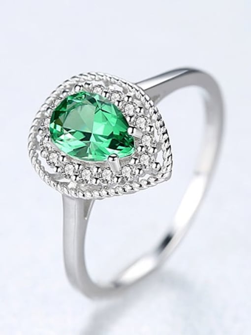 Platinum 22F09 925 Sterling Silver Cubic Zirconia Green Water Drop Classic Band Ring
