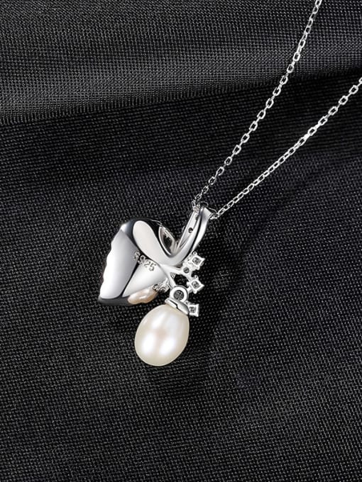 White 7A10 925 Sterling Silver Imitation Pearl Leaf Vintage Necklace
