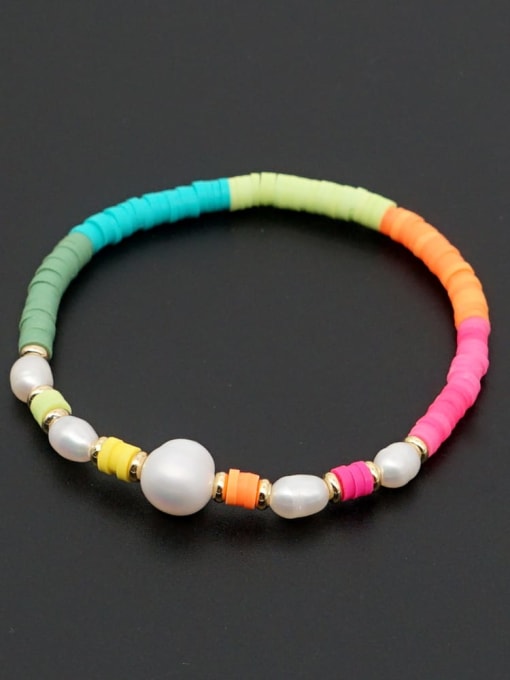 ZZ B200056G Freshwater Pearl Multi Color Polymer Clay Round Bohemia Stretch Bracelet