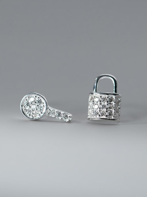 Rosh 925 Sterling Silver Cubic Zirconia Asymmetrical Locket Cute Stud Earring 3