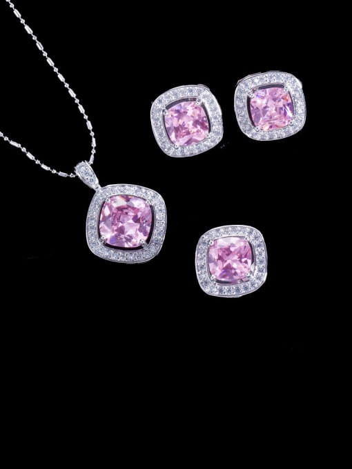 Pink Ring US 6 Brass Cubic Zirconia Minimalist Square Earring Ring and Necklace Set