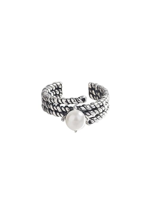 HAHN 925 Sterling Silver Imitation Pearl Vintage Double chain Stackable Ring