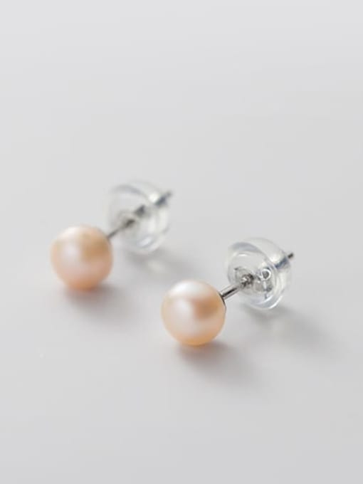 Orange Pearl Earrings Silver 5- 6MM 925 Sterling Silver Freshwater Pearl  Round Minimalist Stud Earring