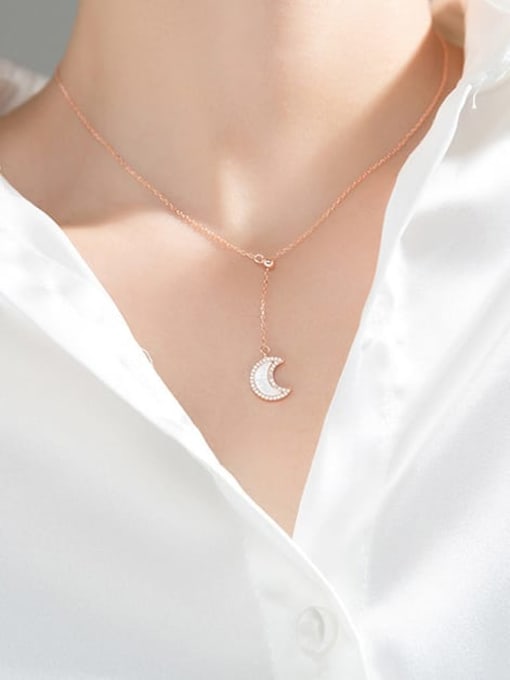Rosh 925 Sterling Silver Shell Tassel Minimalist Moon Pendant Necklace 2