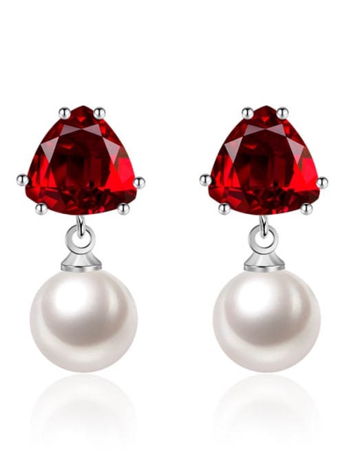Red Brass Imitation Pearl Triangle Minimalist Drop Earring